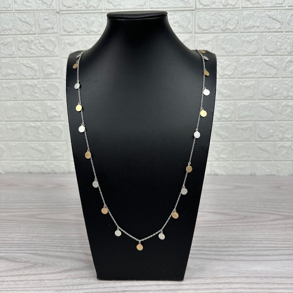 Gold Silver Mixed Brushed Metal Coin Necklace Spring Ring Clasp Costume Jewelry